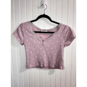 Pink Rose Womens Small Mauve Floral Daisy Lace Trim Henley Ribbed Crop Top Tee